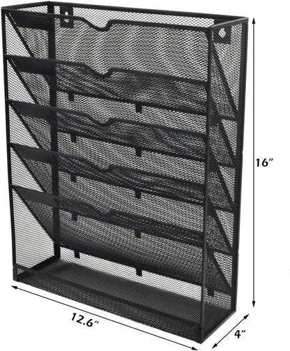 EASEPRES Desk File Organizer Mesh 6-Tier, Hanging Wall Mount Document Organization Stand, Desktop Vertical Mail Paper Folder Holder Rack with Bottom Tray for Office Home Cubicle Countertop, Black