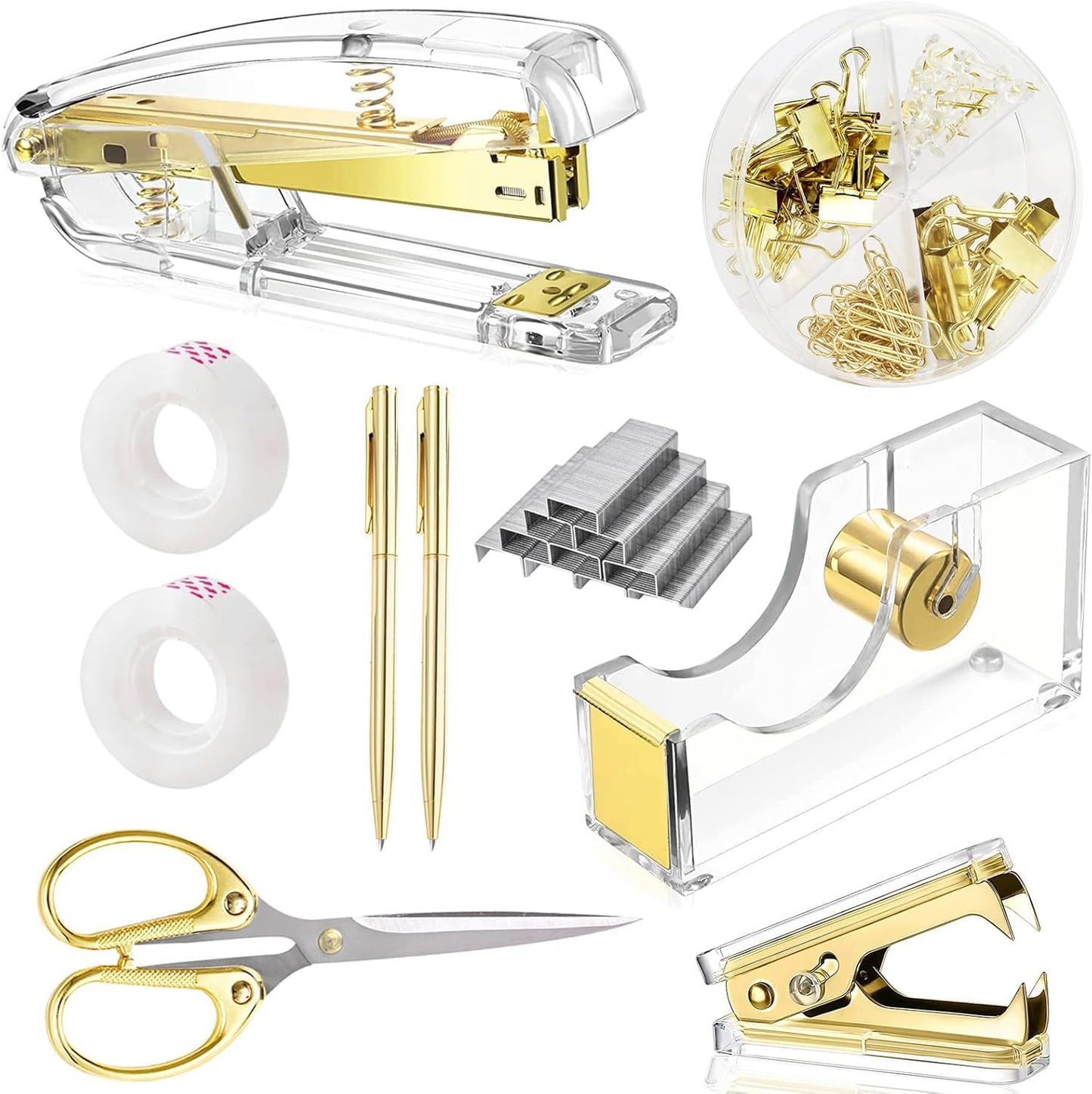 suniya Office Supplies,Gold Desk Accessories,with Stapler,Tape Dispenser,Pen Holder,Scissors,Phone Stand,Staple Remover,Ballpoint Pen,Clear Tape, Staples,Ruler,Clips,Best Gift for Business or Boss