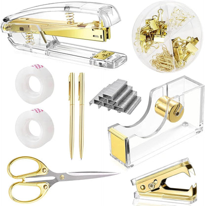 suniya Office Supplies,Gold Desk Accessories,with Stapler,Tape Dispenser,Pen Holder,Scissors,Phone Stand,Staple Remover,Ballpoint Pen,Clear Tape, Staples,Ruler,Clips,Best Gift for Business or Boss