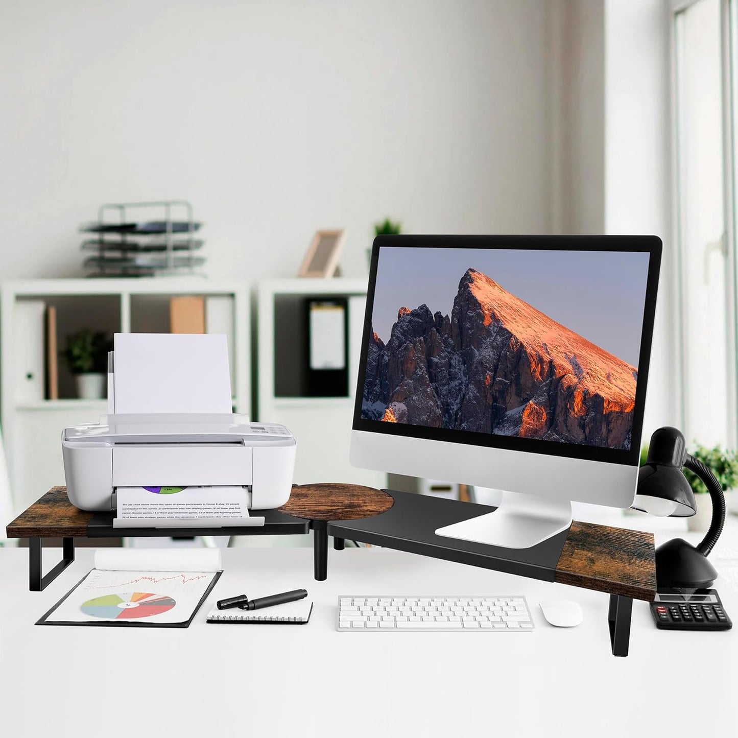 Across-Star Dual-Monitor-Stand-Riser-For-Desk Adjustable Length 32-40 Inch，Large Desktop Computer Monitor Riser For 2 Screens，Desk Shelf Organizer Riser Stand For Computer/Laptop/PC/Printer/TV Black