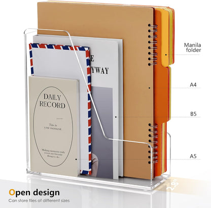 SANRUI Acrylic Magazine Holder Desk Organizer Workspace Sorters，Clear Bookend File Sorter Holder，Folder Rack, Office Accessories Organization Storage with 3 Vertical Compartments