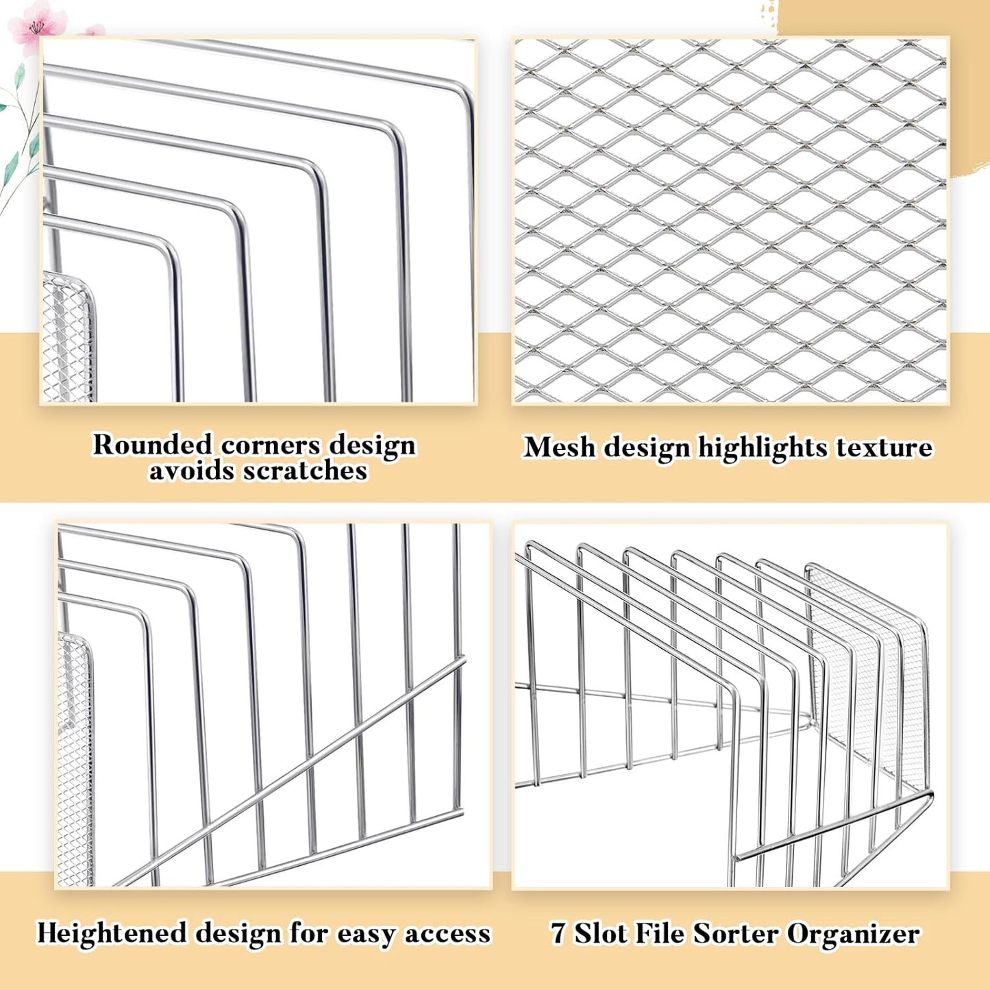 2 Pcs 7 Section Wire File Organizer for Desk, Metal Mesh Incline File Holder, Letter & Magazine Folder Rack, Desktop Paper Sorter for Home Office School (Golden)