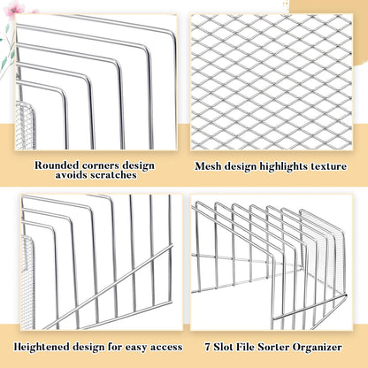 2 Pcs 7 Section Wire File Organizer for Desk, Metal Mesh Incline File Holder, Letter & Magazine Folder Rack, Desktop Paper Sorter for Home Office School (Golden)