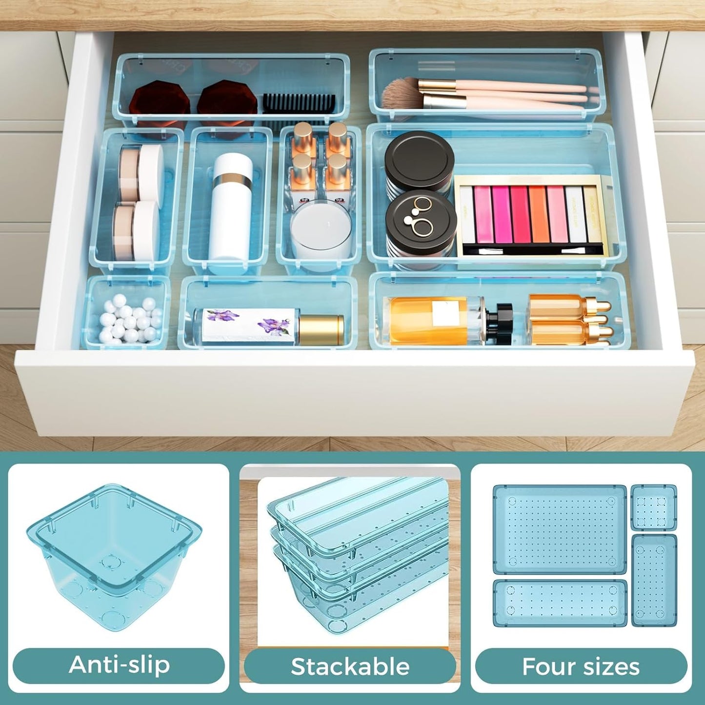 WOWBOX 44 PCS Clear Plastic Drawer Organizer Set, 4 Varied Size storage Bins and Desk Drawer Organizer tool Trays for Makeup, Gadgets, Jewelry and Utensils in Bathroom, Bedroom and Office, Clear Black
