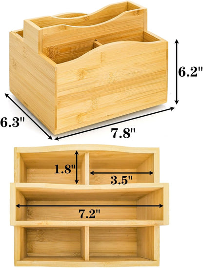 DEAYOU Bamboo Rotating Remote Caddy, 360 Degree Spinning Remote Control Holder, 5 Compartment Revolving Nightstand Bedside Table Organizer for Controller, Pen, Phone, Mail, Calculator, Office