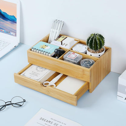 GOBAM Bamboo Makeup Organizer and Storage with Drawer, Wooden Cosmetic Organizer Countertop for Bathroom, Bedroom, Kitchen & Dresser, Desk Organizer with Drawers and Make up Vanity Station - Medium