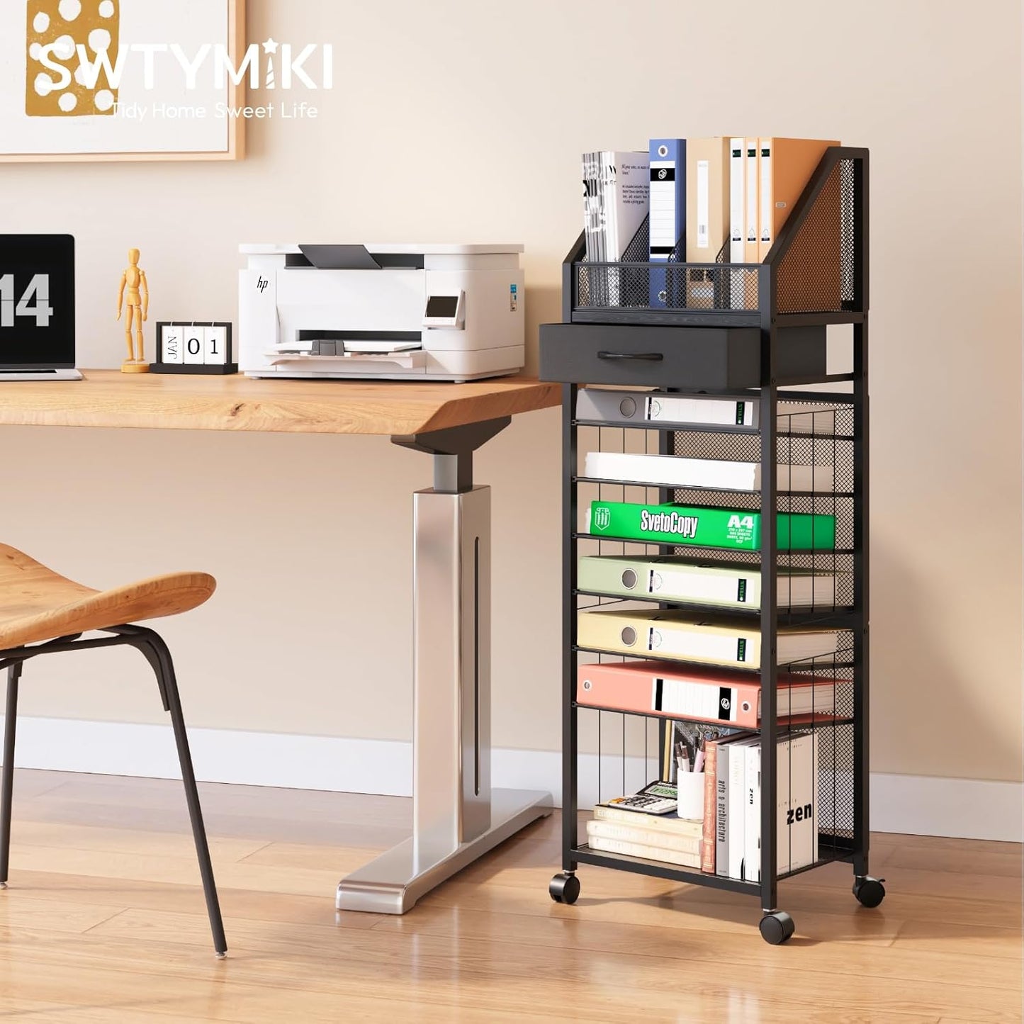 SWTYMIKI Desk Organizer with Drawers - Mesh and Wood Desk File Organizer with Pen Holders, 4-Tier Paper Organizer for Office Organizer and Accessorie, School and Home Storage, Black