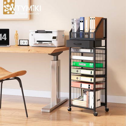SWTYMIKI Desk Organizer with Drawers - Mesh and Wood Desk File Organizer with Pen Holders, 4-Tier Paper Organizer for Office Organizer and Accessorie, School and Home Storage, Black