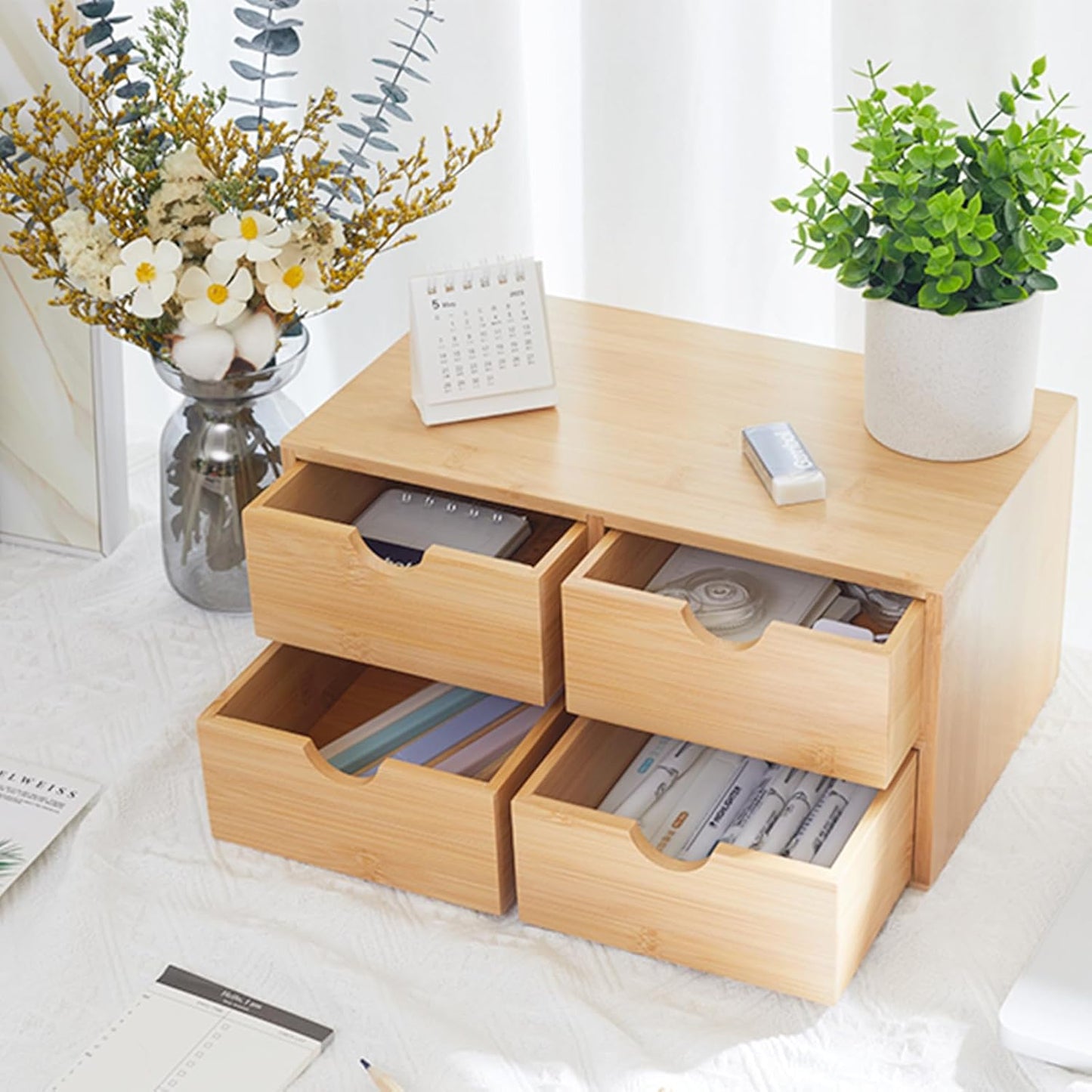 Charmewooden Bamboo Desk Organizer with 3 Drawers, Countertop Organizer with Drawers Makeup Storage Drawer 3 Drawers Tabletop Storage Organization Box Home Office Workspace