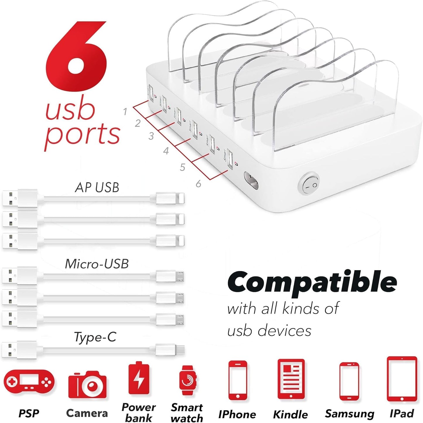 USB Charging Station - 6 Port Universal Charging Station for Multiple Devices - Multi Device Charger Dock - Compatible with Apple, iPad, iPhone, Android Cell Phones, and Tablets - Black
