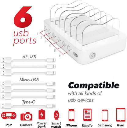 USB Charging Station - 6 Port Universal Charging Station for Multiple Devices - Multi Device Charger Dock - Compatible with Apple, iPad, iPhone, Android Cell Phones, and Tablets - Black