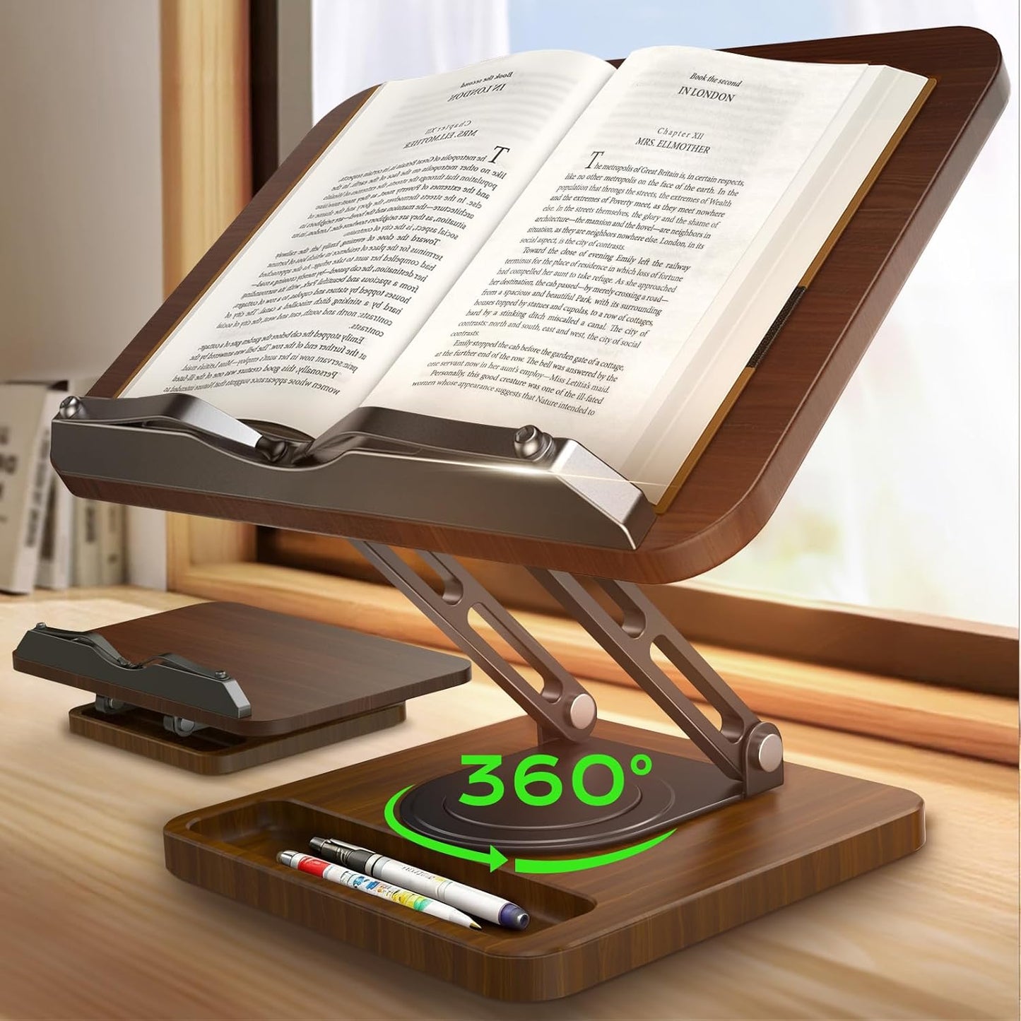 Book Stand for Reading, Adjustable Book Holder with 360°Rotating Bases, Ergonomic Cookbook Stand Recipe Book Holder with Elastic Page Clips for Magazines, Tablets, Laptops,Black