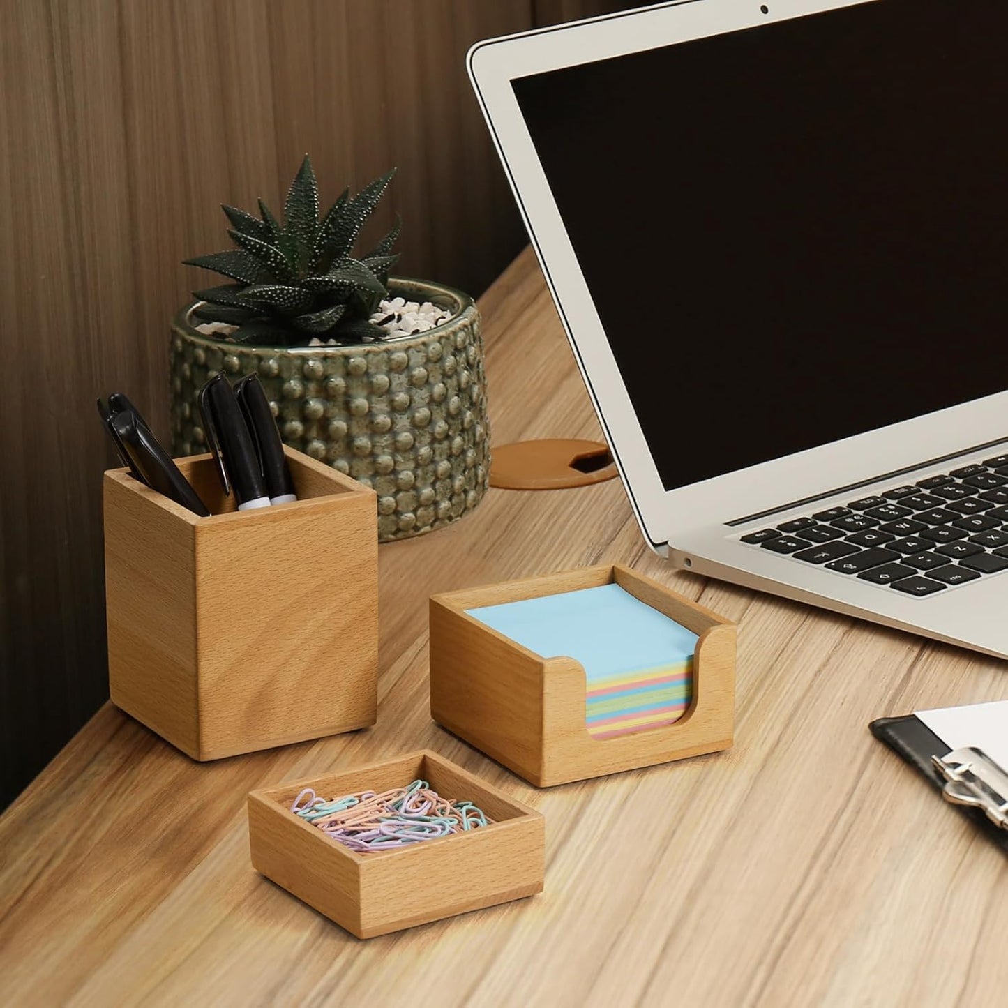 Desk Organizer Set of 3 - Bamboo Office Desk Accessories - Desk Organizers and Accessories for Women Men - Set incl. Pencil Pen Holder, Paperclip Storage and Sticky Note Holder
