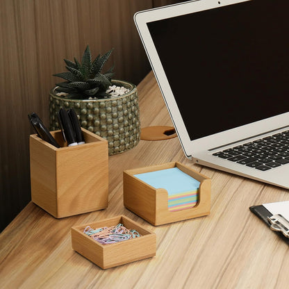 Desk Organizer Set of 3 - Bamboo Office Desk Accessories - Desk Organizers and Accessories for Women Men - Set incl. Pencil Pen Holder, Paperclip Storage and Sticky Note Holder