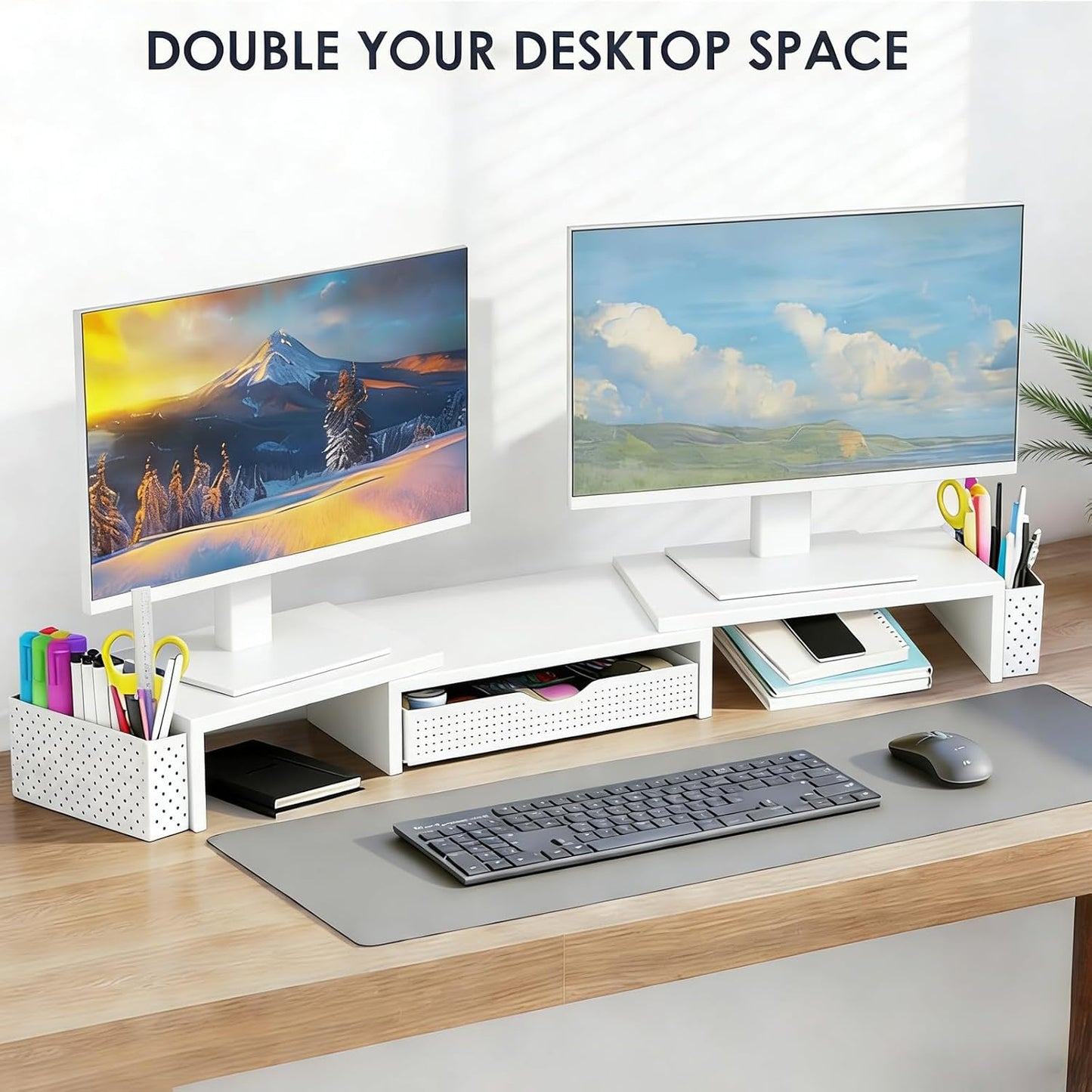 Spacrea Metal Desk Organizers and Accessories, Dual Monitor Stand Riser with Drawer and 2 Pen Holders, Book Racks, Desk Accessories & Workspace Desktop Organizers for Office Supplies (Black)