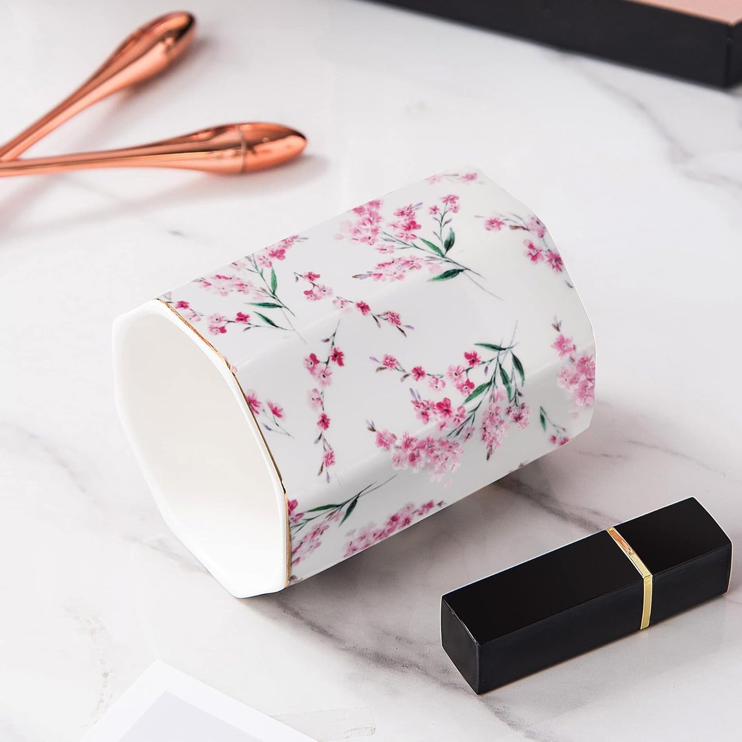 Pencil Holder for Desk Organizer,Ceramic Writing Utensil Storage Organizer Aesthetic Floral Pattern Pen Holder Pen Cup Makeup Brush Holder Creative Gift for Desktop Supplies,School Life Blue