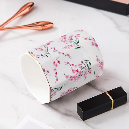 Pencil Holder for Desk Organizer,Ceramic Writing Utensil Storage Organizer Aesthetic Floral Pattern Pen Holder Pen Cup Makeup Brush Holder Creative Gift for Desktop Supplies,School Life Blue