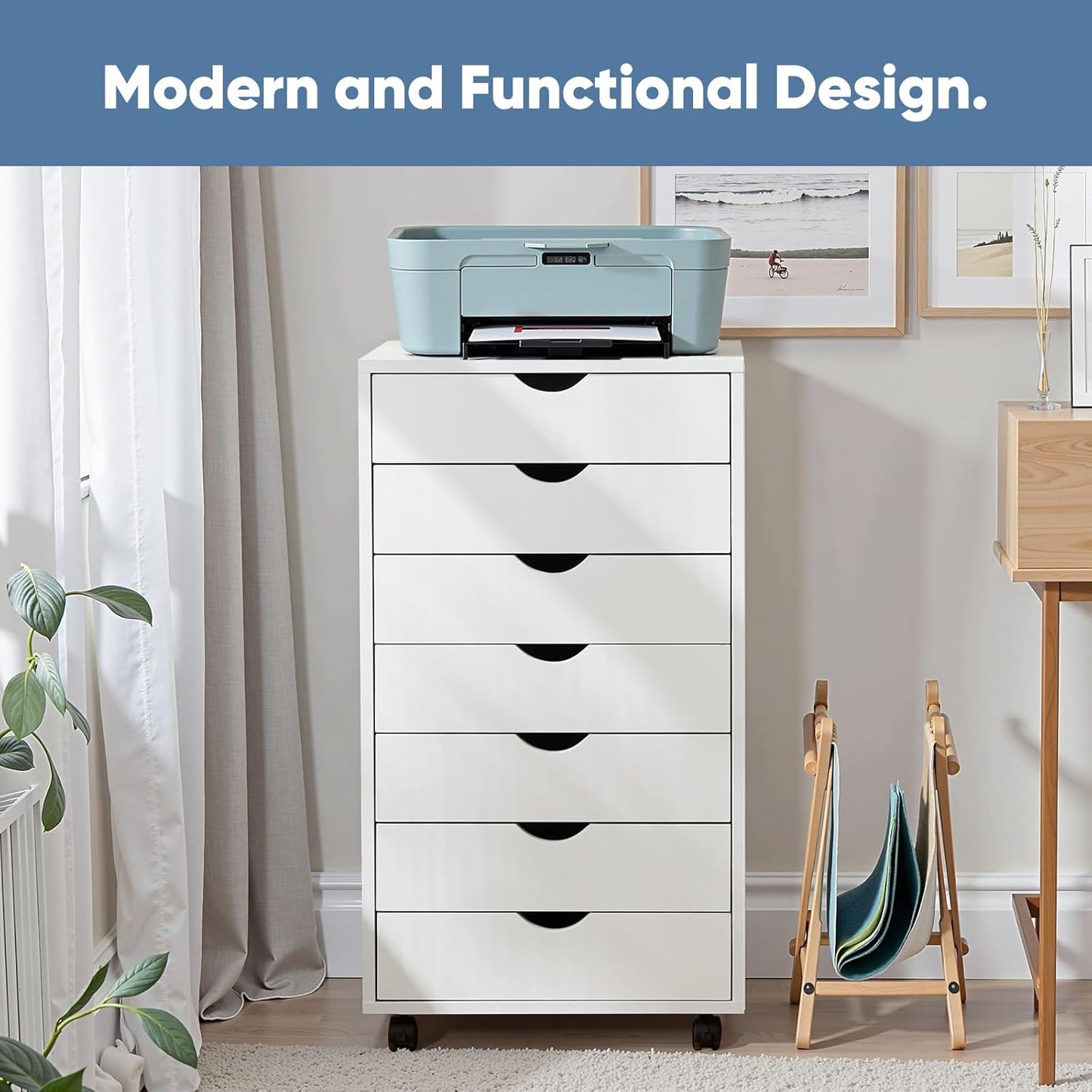 OLIXIS 7 Drawer Mobile File Cabinet Under Desk Storage Organization with Wheels Vertical Filing Chest Rolling Wood Small Desk Printer Stand for Home Office, 15.75"D x 18.74"W x 34.25"H, Black