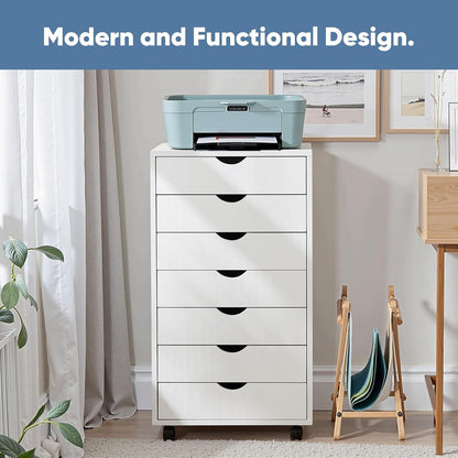 OLIXIS 7 Drawer Mobile File Cabinet Under Desk Storage Organization with Wheels Vertical Filing Chest Rolling Wood Small Desk Printer Stand for Home Office, 15.75"D x 18.74"W x 34.25"H, Black