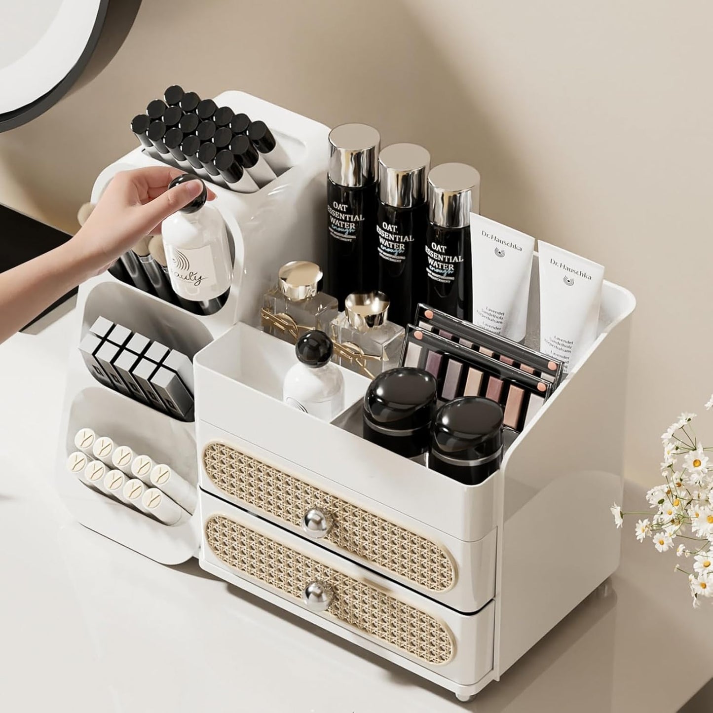 Booklov Makeup Organizer for Vanity, Countertop Cosmetic Display Case with Clear Acrylic Drawers, Bathroom Counter Beauty Caddy, Cute Table Storage Holder for Skincare, Brush Lipsticks, Crystal White