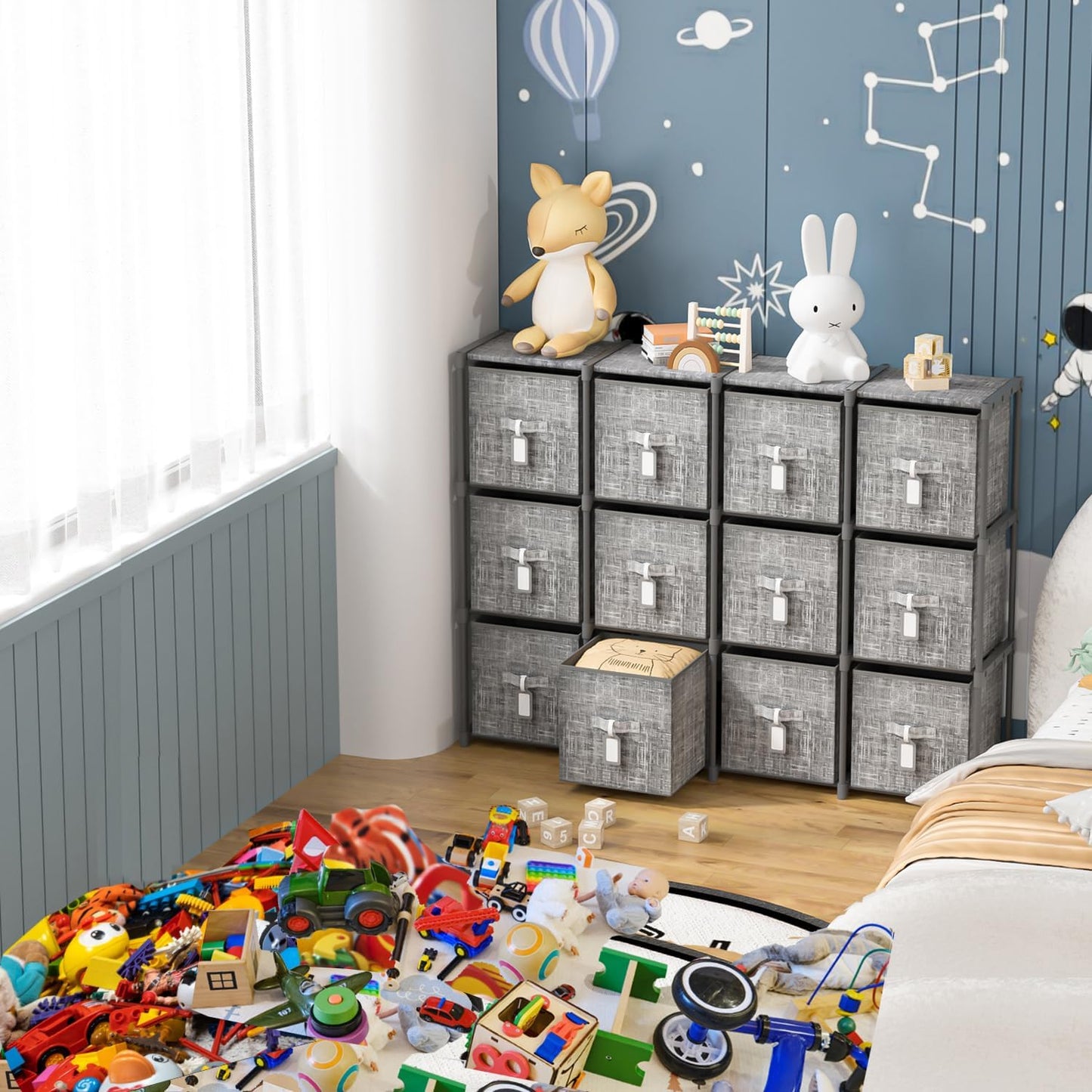 LUKYTOWER Cube Storage Organizer Shelf with Printed Bins + Labels, Cubby Storage Organizer with Bins, Large Capacity Shelves for Storage,Closet, Living Room, Dorm, Yarn (Grey, 6 Cube)