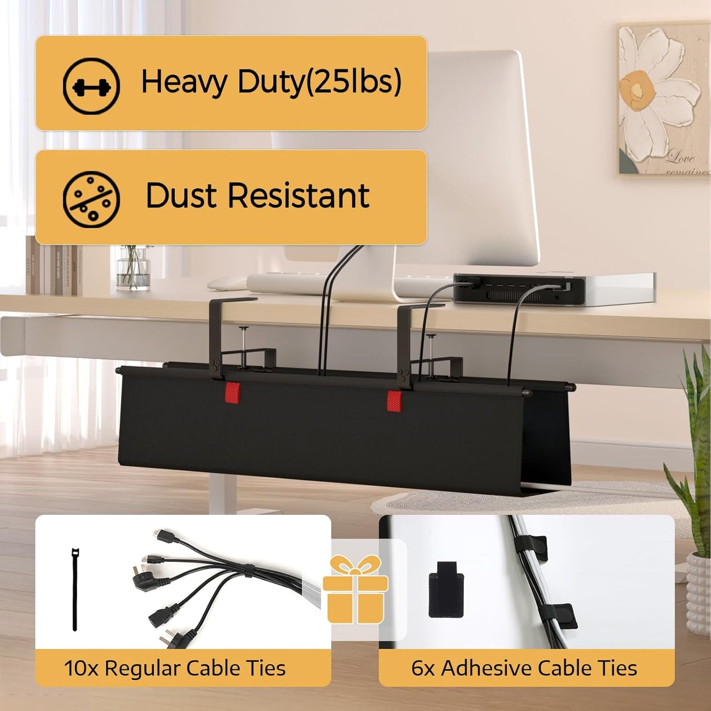 Under Desk Cable Management Tray - 36" Cord Organizer for Desk No Drill, Fabric Under Table Wire Organizer with 16X Cable Ties Hide for Office/Home, Cord Hider Fits Adapters & Sockets, White