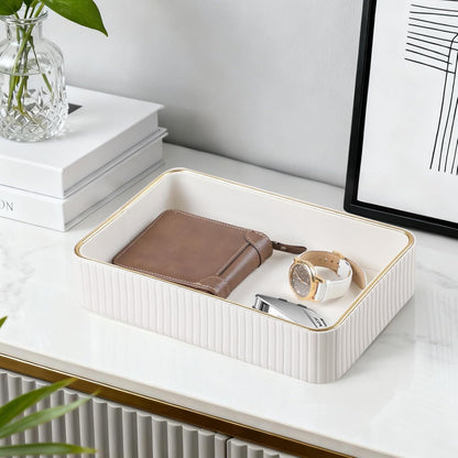 Desk Organizer Tray, PU Leather Nightstand Organizer Perfume Valet Tray for Men Women, Decorative Vanity Trays Trinket Dish Key Bowl for Entryway Table (2pcs, Ivory, Large+Small)