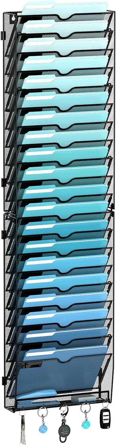 5 Tier Wall File Organizer - Hanging File Organizer with 5 Hooks, Mail Holder Wall Mounted for Papers, Folders, Magazines, Bills, Office&School Organization, Black