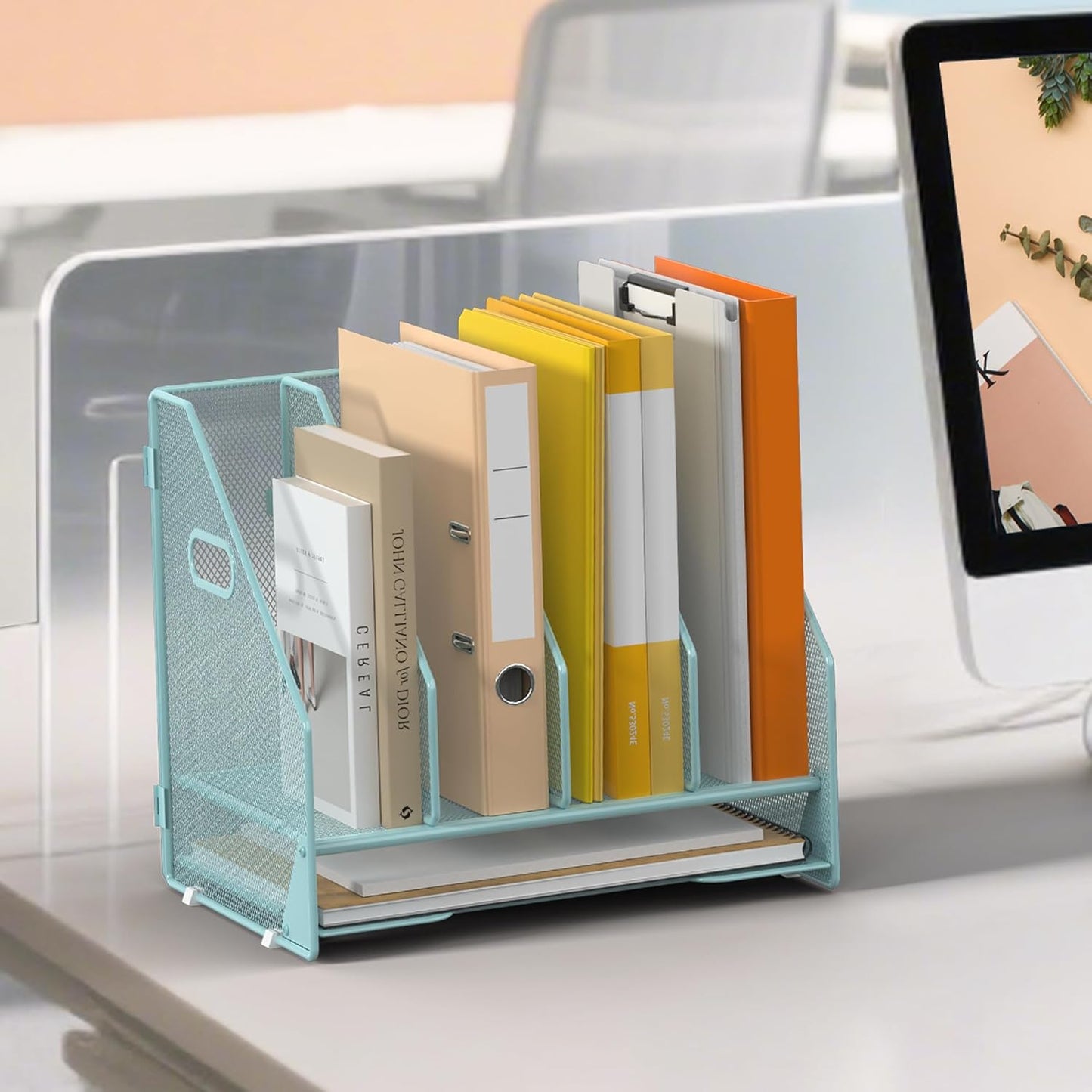 Desk File Folder Holder Organizer-5 Vertical Compartments Racks and Paper Letter Tray,Mesh Magazine File Holder Sorter,Desktop Accessories & Workspace Organizers for Home,Office,School-Black