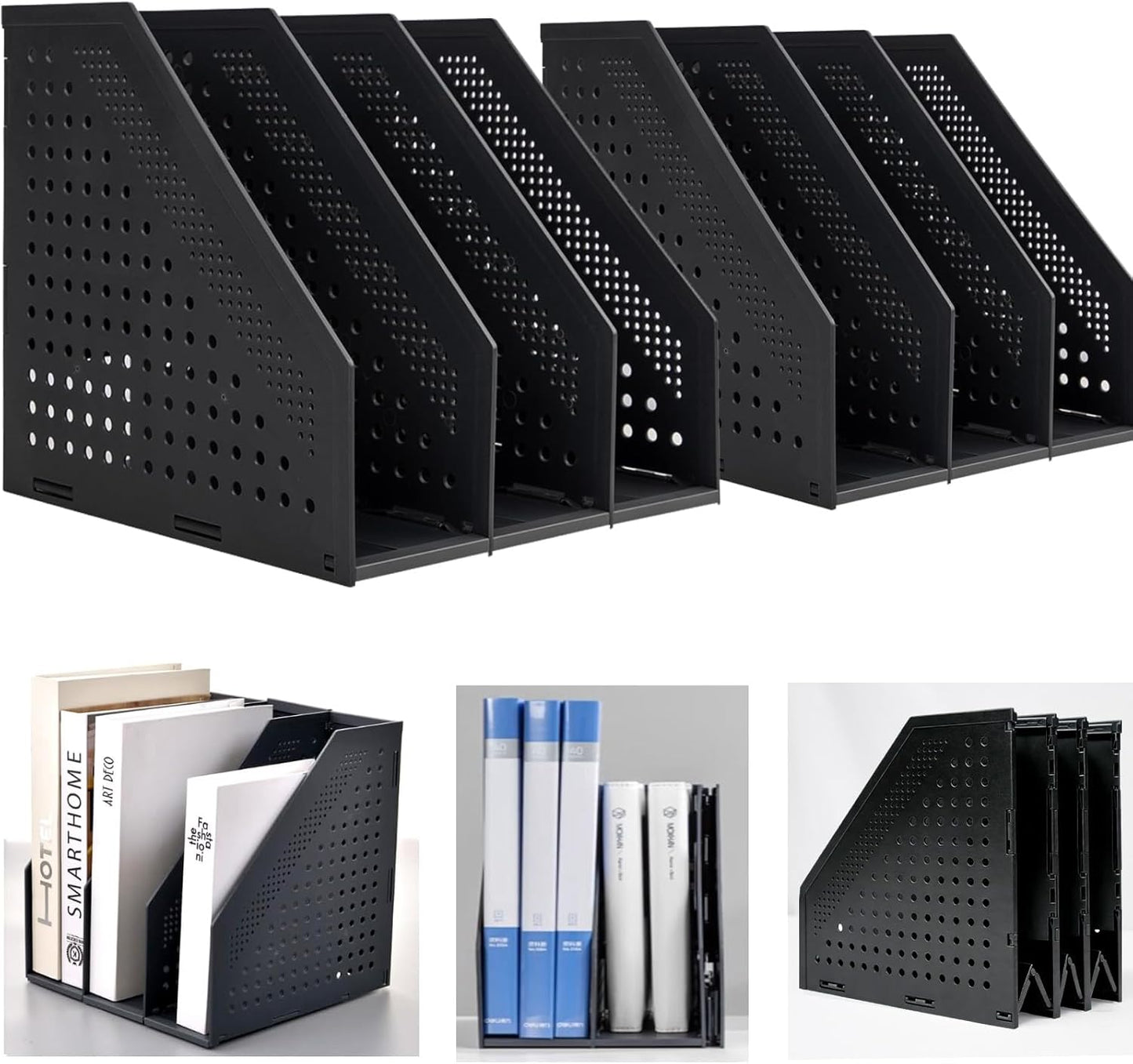 Marte Vanci Collapsible Magazine File Holder with 4 Vertical Compartments, Binder Holder for Desk, Desktop Binder Organizer for Notebook, Documents, Book, School Office Supplies(Black)