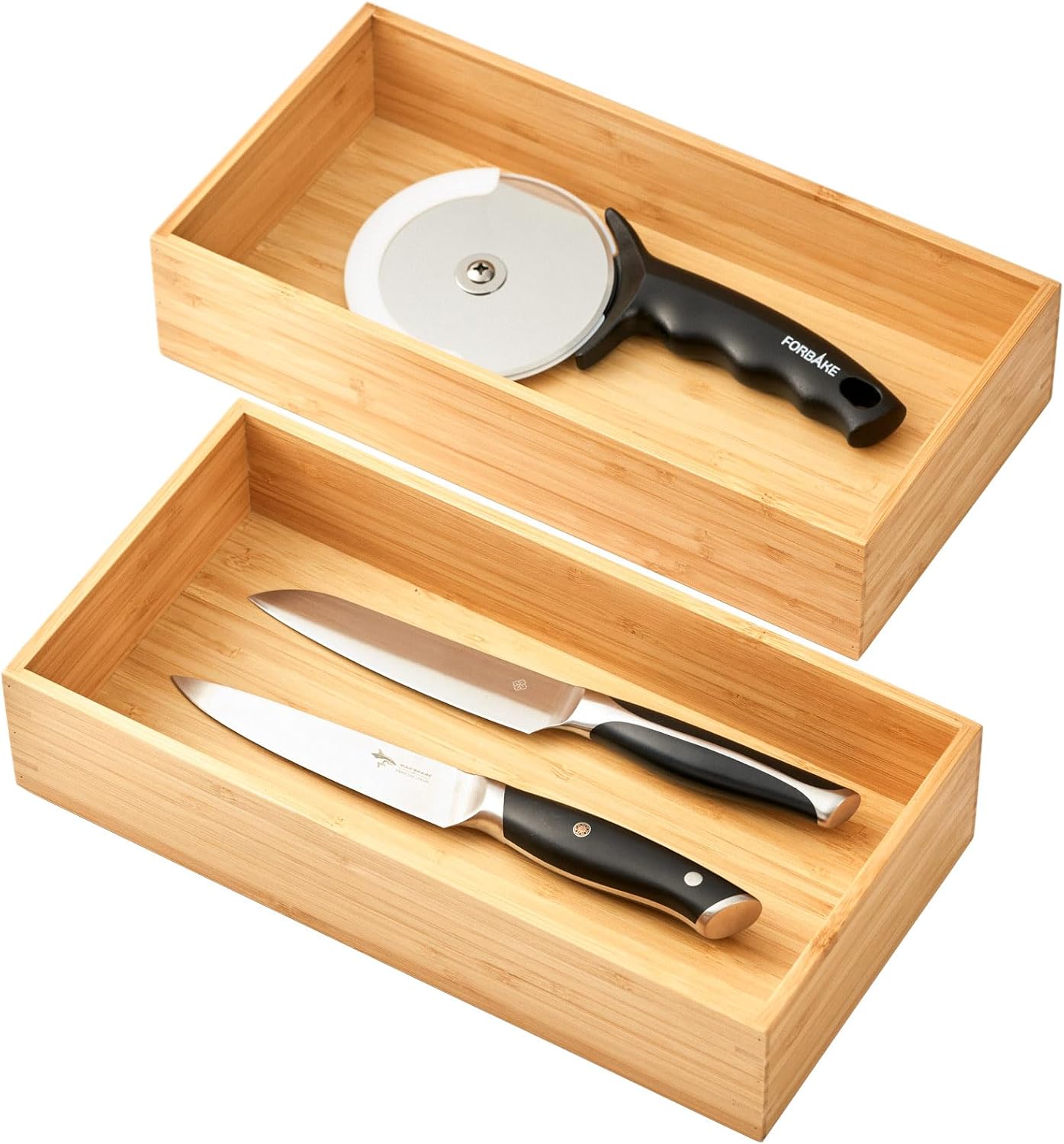 Umilife Bamboo Kitchen Drawer Organizer, Extra High Silverware Tray, Flatware Cutlery Storage Box, Multi-Use Holder in Office, Bathroom, Pantry - 9"x6"x2.5" (Set of 2)