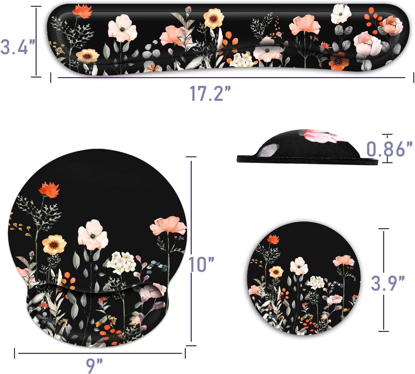 Ergonomic Mouse Pad with Wrist Rest and Keyboard Wrist Rest, Memory Foam Wrist Rest for Computer Keyboard, Easy Typing, Pain Relief, Mouse Pad Wrist Support for Gaming,Office, Laptop, Black Flower