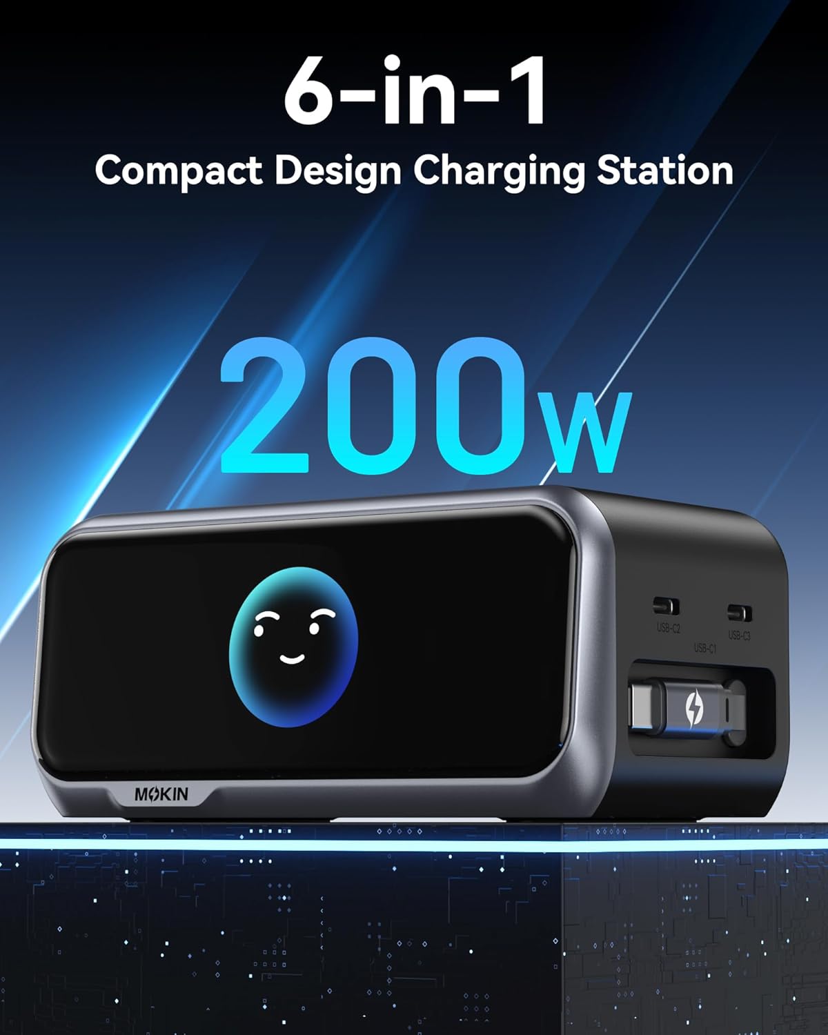 MOKiN 200W Charging Station, 6-Port GaN Fast Desktop Charger with Smart Display and Retractable Cable, Charging Station for iPhone, Galaxy,MacBook, Dell and Gaming Desk Accessorie