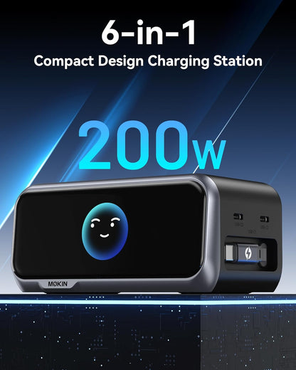 MOKiN 200W Charging Station, 6-Port GaN Fast Desktop Charger with Smart Display and Retractable Cable, Charging Station for iPhone, Galaxy,MacBook, Dell and Gaming Desk Accessorie