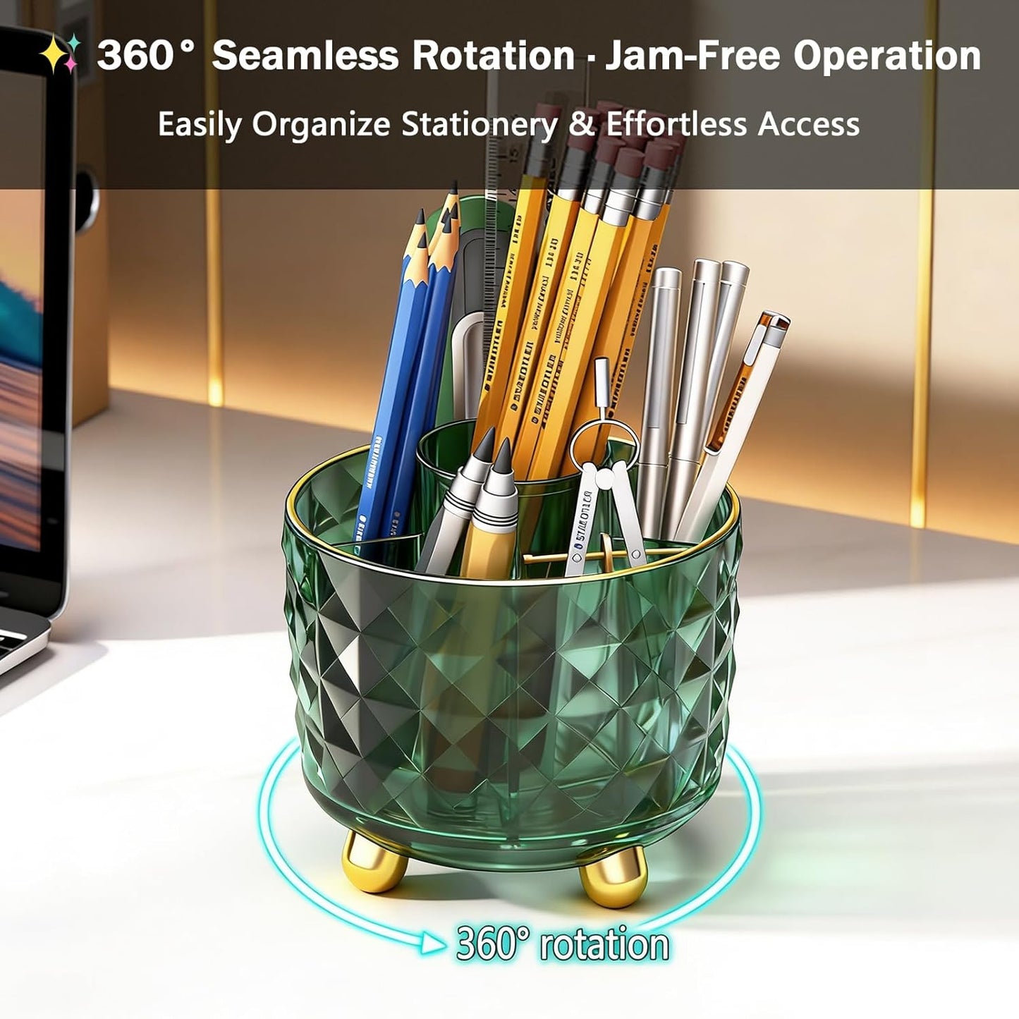 GOTOBA Dark Green Pen Pencil Holder for Desk, 360° Rotating Pen Organizer, Green Office Supplies, Cute Pen Holder, 6-Compartment Pencil Holder Rotating