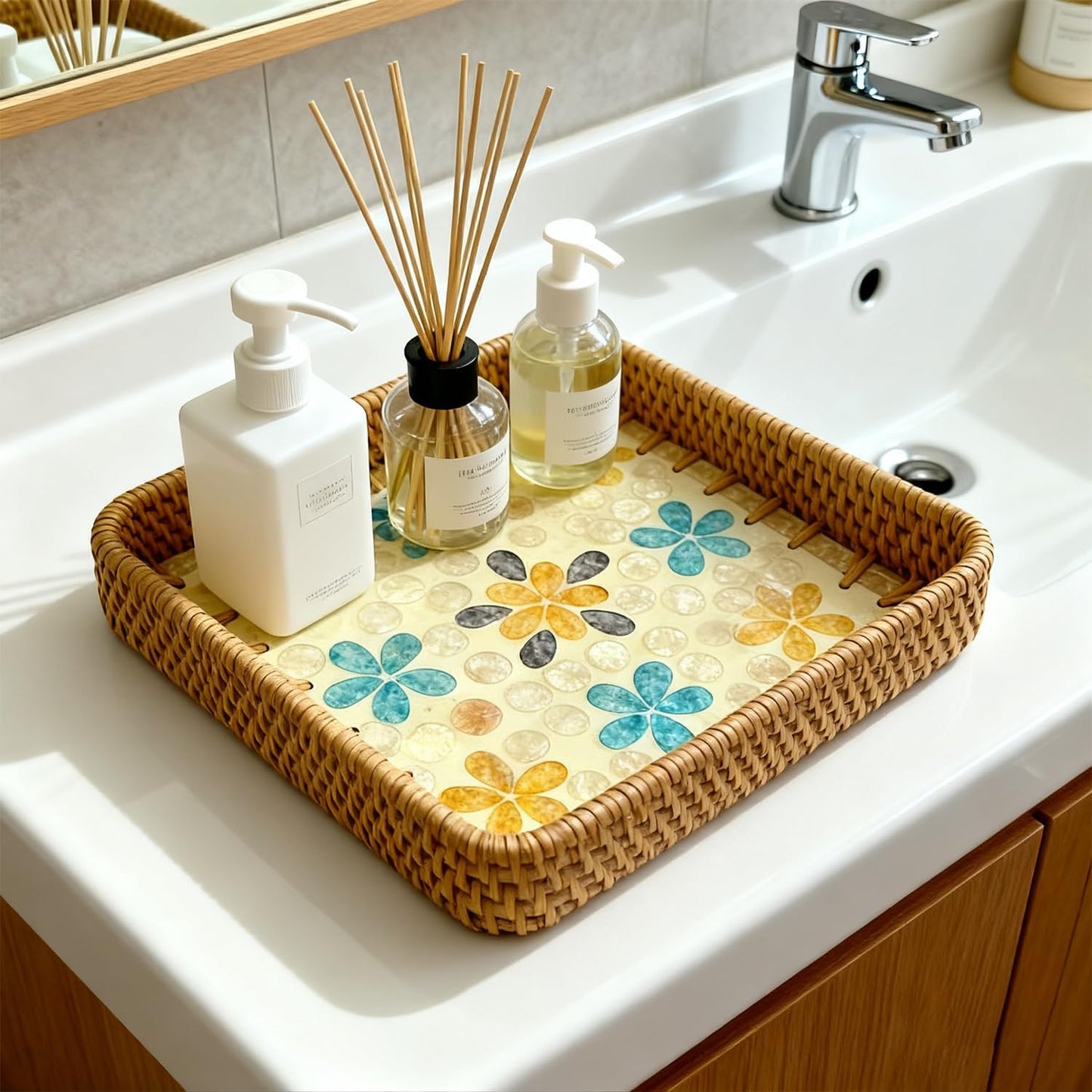 Handwoven Wicker Valet Tray, 8 Inch Square Catch All Organizer for Jewelry, Watches & Keys | Decorative Tray for Nightstand, Desk, Entryway, Coffee Table & Bathroom Counter