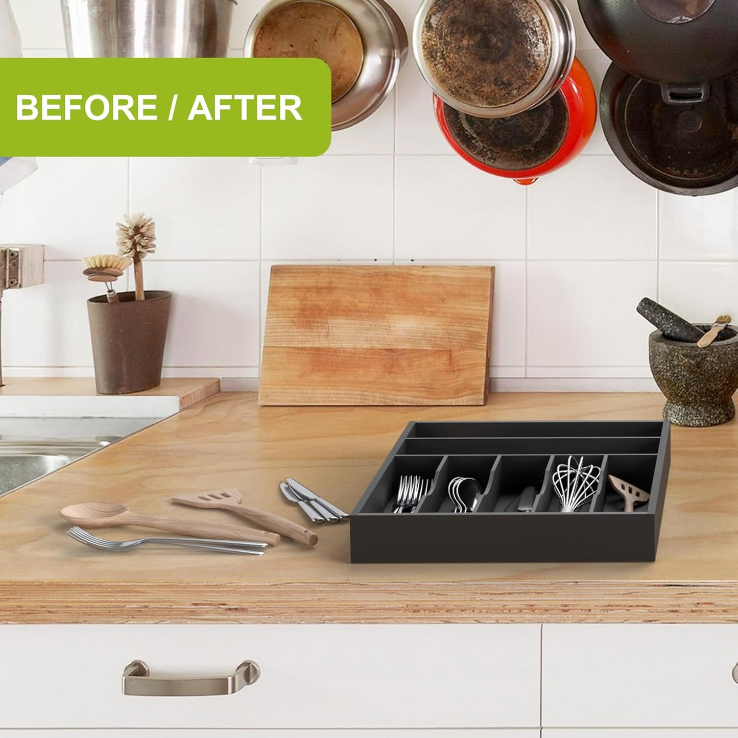 Unibambou Bamboo Utensil Drawer Organizer, Silverware Tray Organizer, Kitchen Drawer Organizer for Flatware Cutlery, (Natural, 3 Slots)