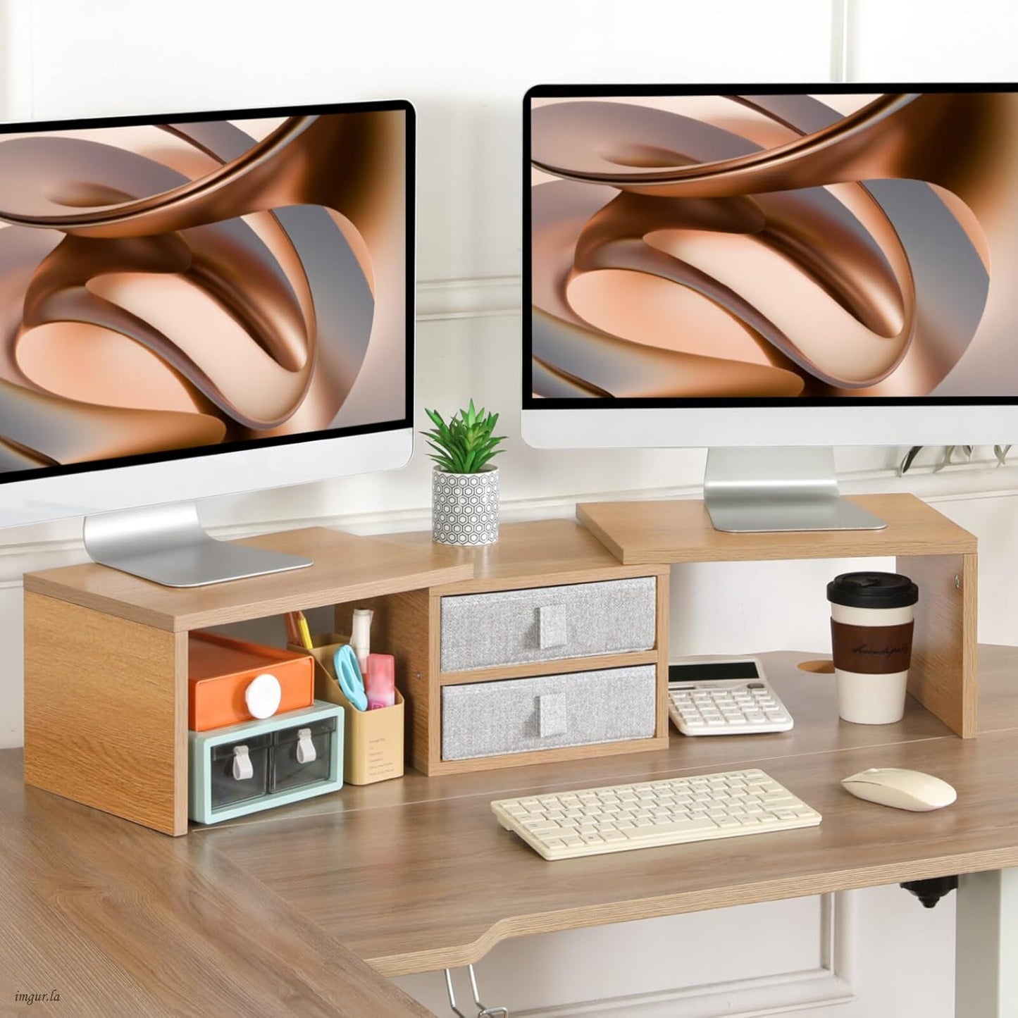 TEAMIX Dual Monitor Stand Riser with 2 Drawers-Length and Angle Adjustable 3 Shelf Monitor Riser with Storage Desk Organizer Large Computer Monitor Stand for 2 Monitors/Laptop/PC,Wood Screen/TV Stand