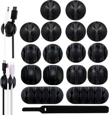 Adhesive Cable Clips Organizer 16 Pack Black Cord Holders for Desk Under Computer, Strong Sticky Wire Management Clips for Home Office TV Car Mouse Nightstand Accessories
