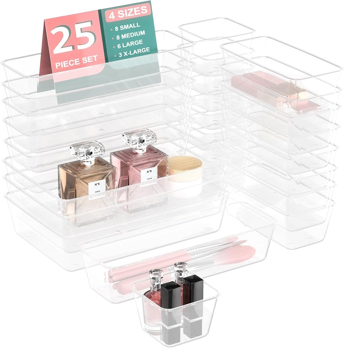 25 PCS Plastic Drawer Organizer Set, 4-size Clear Bathroom and Vanity Desk Drawer Organizer Trays, Non-Slip Versatile Storage Bins for Makeup Jewelry Office Kitchen Gadgets