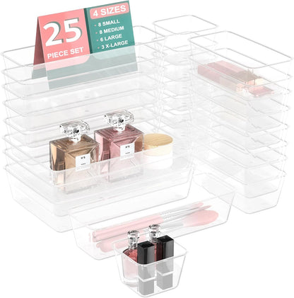 25 PCS Plastic Drawer Organizer Set, 4-size Clear Bathroom and Vanity Desk Drawer Organizer Trays, Non-Slip Versatile Storage Bins for Makeup Jewelry Office Kitchen Gadgets