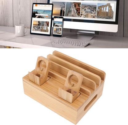 Bamboo Charging Station for Multiple Devices with 5 Port USB Charger, Electronic Device Desktop Dock Stations Organizer for iPads, Laptops, Tablets, Watch (Wooden)