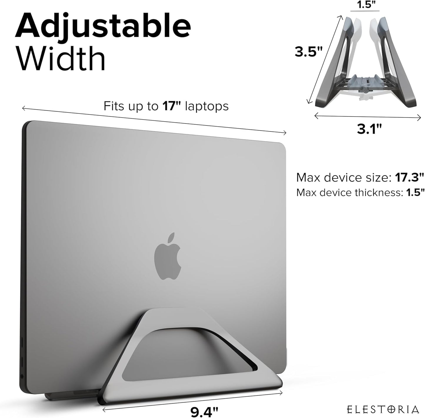 Elestoria Aluminum Vertical Laptop Stand with Gravity Auto-Lock – Adjustable Laptop Holder Vertical fits MacBook Pro/Air, Chromebook & Gaming Laptops up to 17.3" – Space-Saving Desktop Dock - Silver