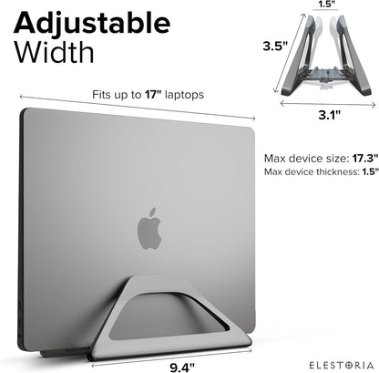 Elestoria Aluminum Vertical Laptop Stand with Gravity Auto-Lock – Adjustable Laptop Holder Vertical fits MacBook Pro/Air, Chromebook & Gaming Laptops up to 17.3" – Space-Saving Desktop Dock - Silver