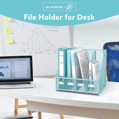 SUPEASY Magazine File Holder, Binder Holder Metal Desk Organizer with 4 Rack Compartments, File Organizer for Office Home School, Black