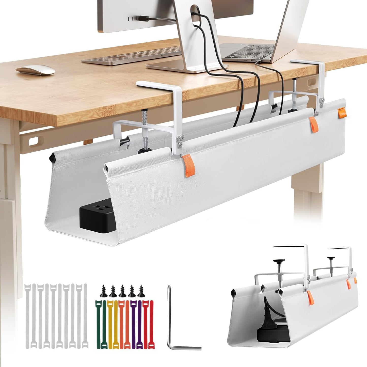 Under Desk Cable Management Tray with Clamp, No Drill 36" Cord Organizer for Desk, Desk Cable Management Fabric Tray for Standing Desks, Ideal for Home & Office - White