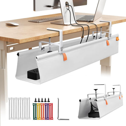 Under Desk Cable Management Tray with Clamp, No Drill 36" Cord Organizer for Desk, Desk Cable Management Fabric Tray for Standing Desks, Ideal for Home & Office - White