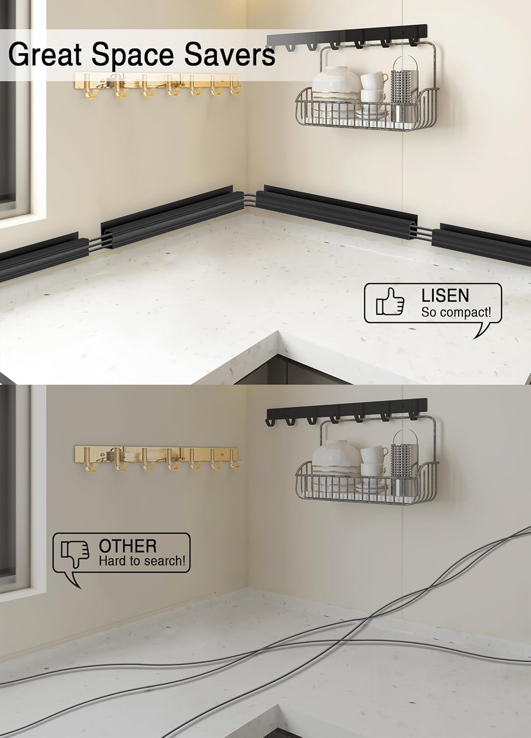 Under Desk Cable Management - Adhesive Cable Organizer for Home & Office, No-Drill Cord Management System, J Channel Cable Raceway for Desk, 6 Pack, White