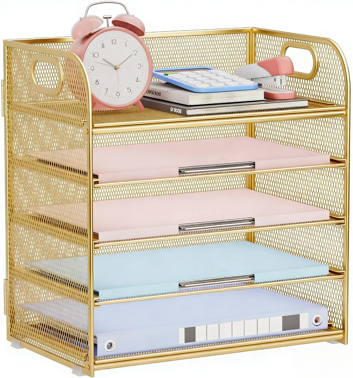 Paper Organizer Letter Tray with Handle, 5-Tier Black Stackable Desk Organizer with Metal Mesh, Sturdy Paper Tray for Office Desk, Home & Classroom Supplies Storage