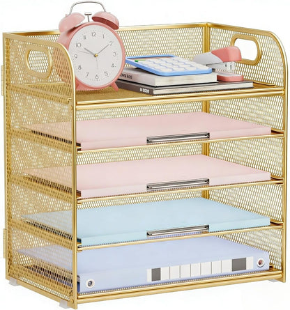 Paper Organizer Letter Tray with Handle, 5-Tier Black Stackable Desk Organizer with Metal Mesh, Sturdy Paper Tray for Office Desk, Home & Classroom Supplies Storage